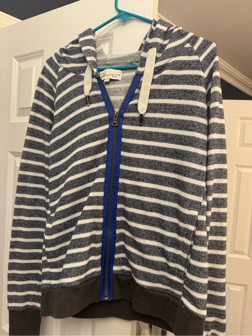 Vintage Havana Striped Hooded Zip Jacket - Navy & White- Royal trim